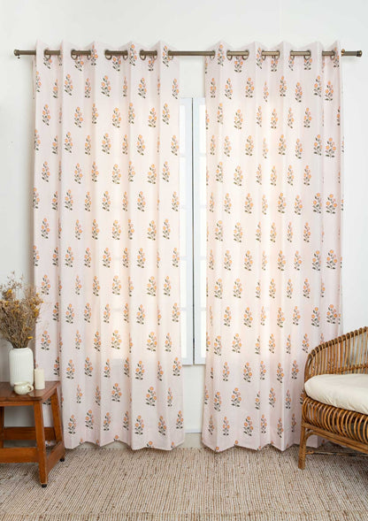 Parijatha Floral printed 100% Cotton Curtain for Living Room and Bedroom - Light Reduction - Rust and Mustard - Single Piece