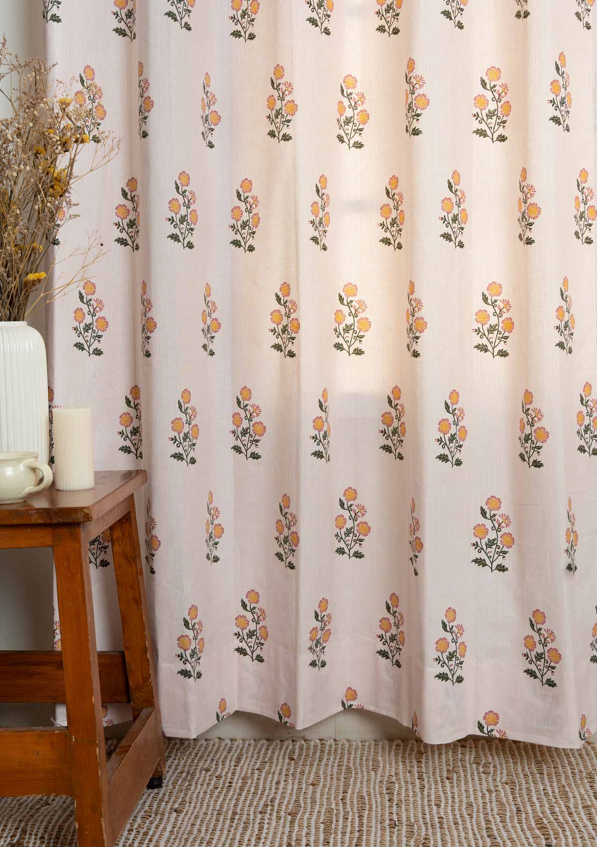 Parijatha Floral printed 100% Cotton Curtain for Living Room and Bedroom - Light Reduction - Rust and Mustard - Single Piece