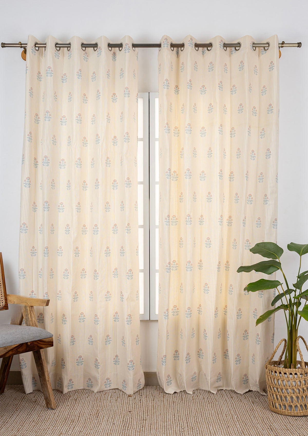 Peony Cream Floral Printed 100% Cotton Curtain For Living Room | Light Reduction | Single Piece