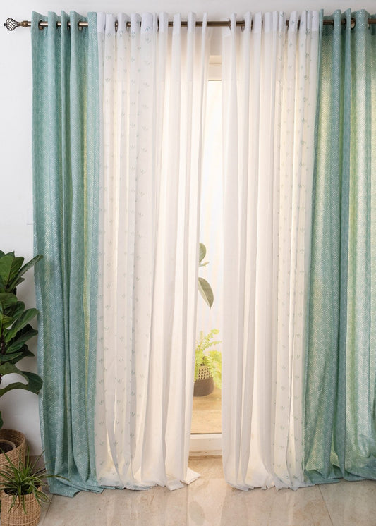 Pergola Nile Blue, Aniseed Nile Blue Sheer, Warm White Solid Sheer Set Of 6 Combo Cotton Curtain - Nile Blue And White