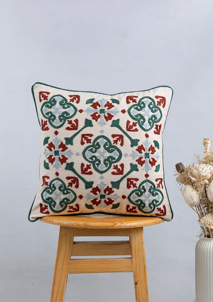 Peridot 100% Cotton Embroidered Red and Green Cushion Cover - 16"