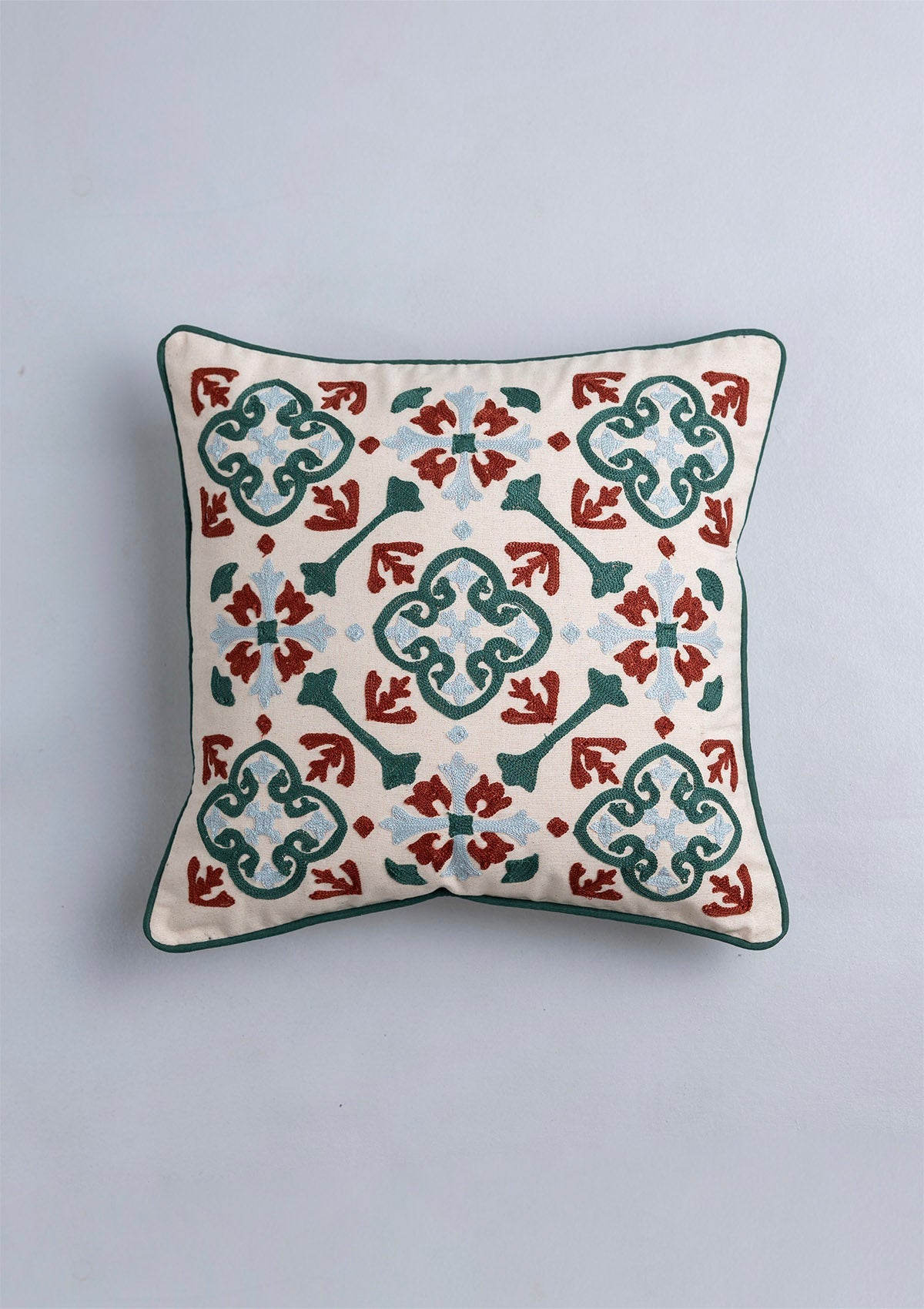 Peridot 100% Cotton Embroidered Red and Green Cushion Cover - 16"
