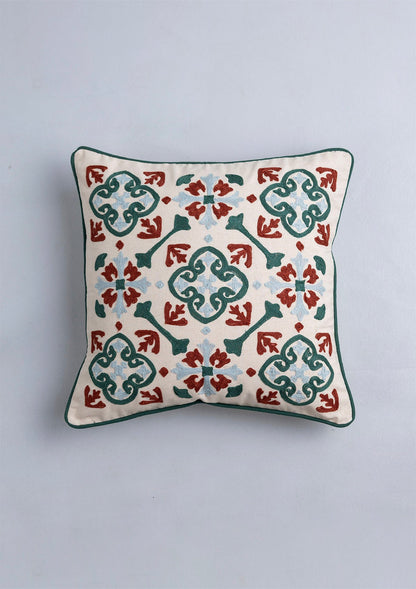 Peridot 100% Cotton Embroidered Red and Green Cushion Cover - 16"