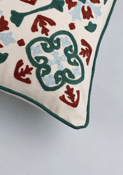 Peridot 100% Cotton Embroidered Red and Green Cushion Cover - 16"