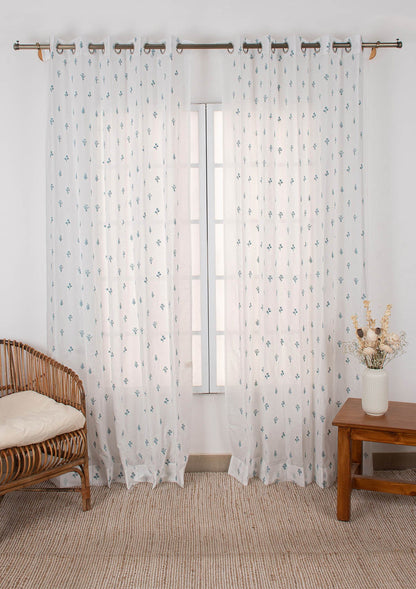 Petal floral Embroidered 100% cotton Sheer Curtain for living room - Light filtering - Nile blue - Single Piece