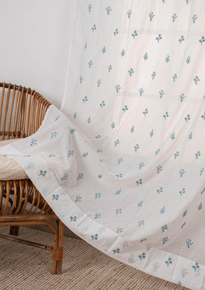 Petal floral Embroidered 100% cotton Sheer Curtain for living room - Light filtering - Nile blue - Single Piece