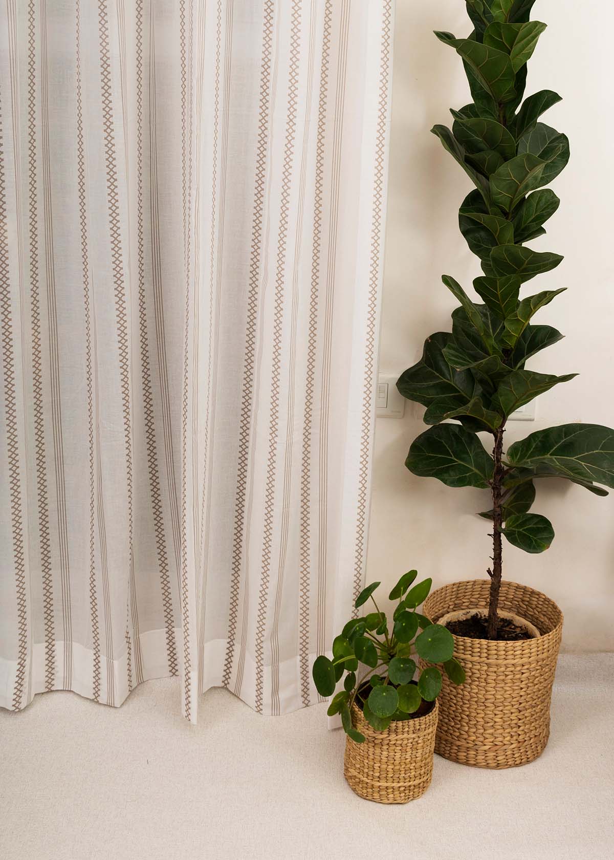 Picket Fence printed sheer Fabric - Walnut-Grey