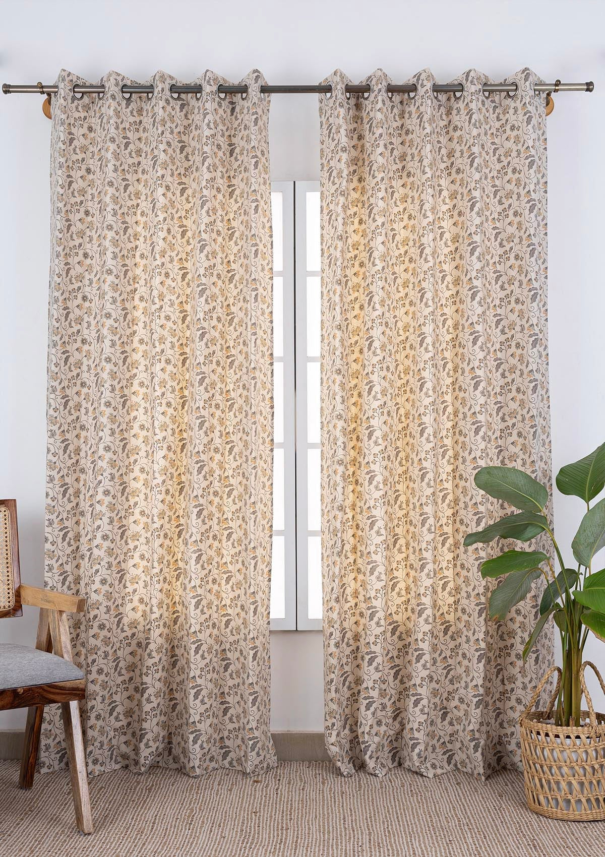 Pomera Grey Floral Printed 100% Cotton Curtain For Living Room | Light Reduction | Single Piece