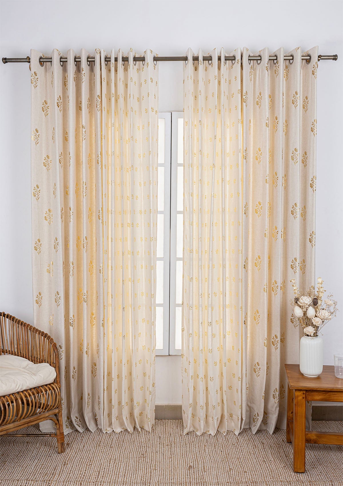Roha Gold Printed Linen Light Reduction Curtain & Induja Gold Printed Sheer - 100% Cotton for Living Room & Bedroom - Pack of 4