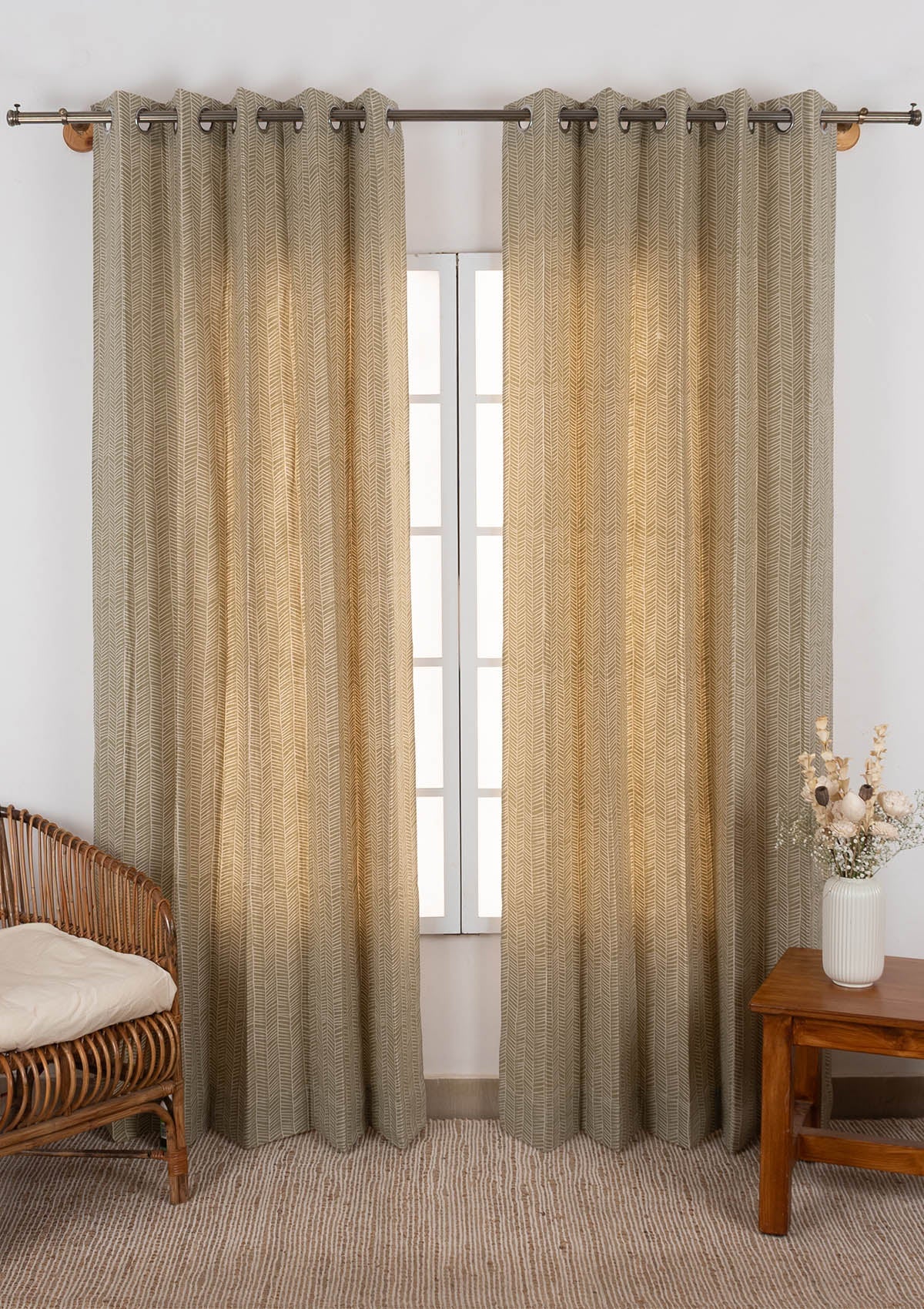 Rustle Herb Green Geometric Style 100% cotton curtain for Living Room and Bedroom - Room darkening - Single Piece