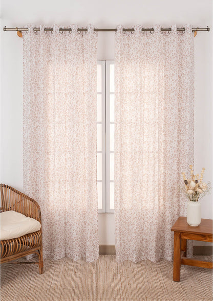 Sakura Flower pattern 100% Cotton Sheer curtain for Living room & bedroom - Light filtering - Rust - Single Piece