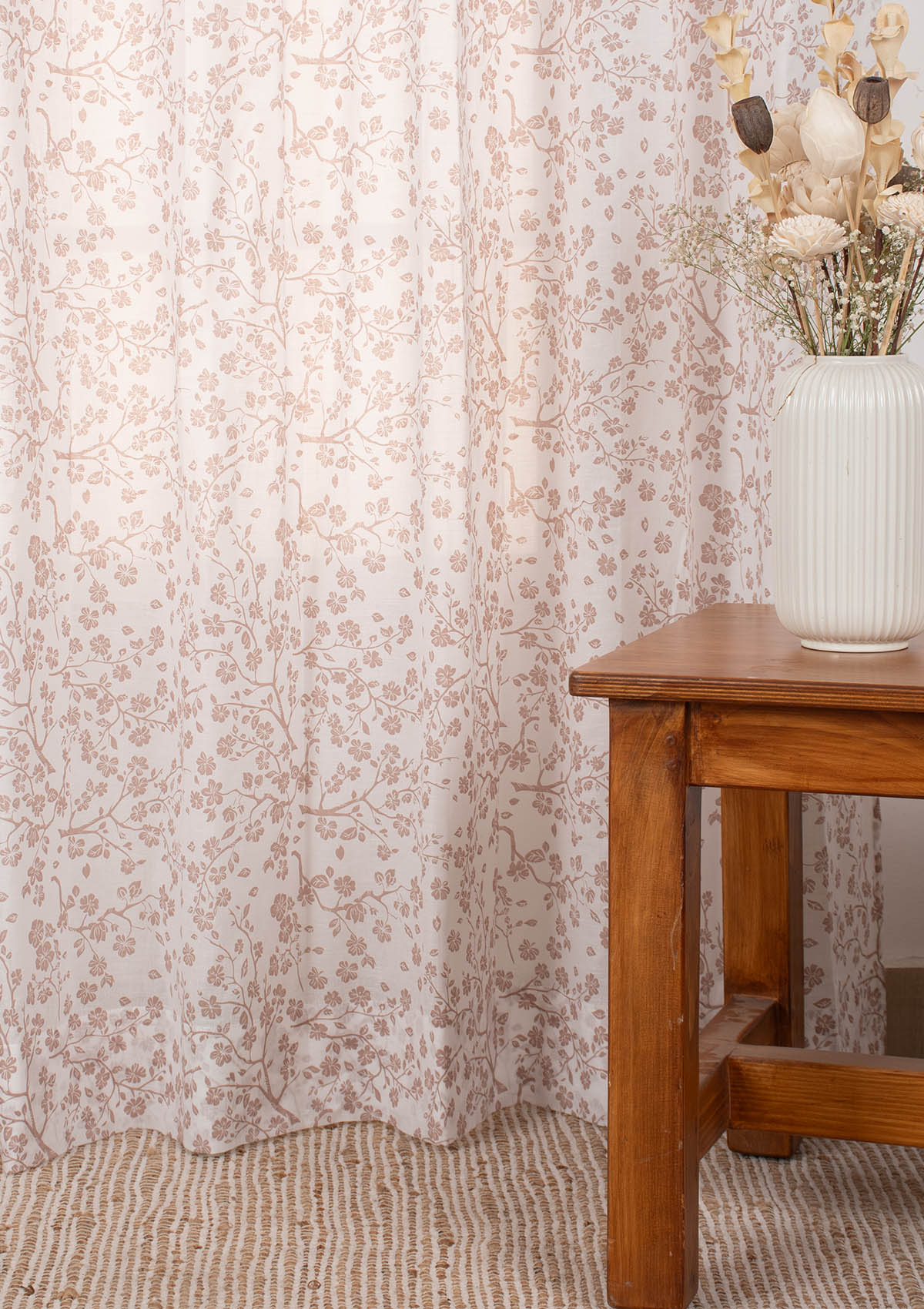 Sakura Flower pattern 100% Cotton Sheer curtain for Living room & bedroom - Light filtering - Rust - Single Piece