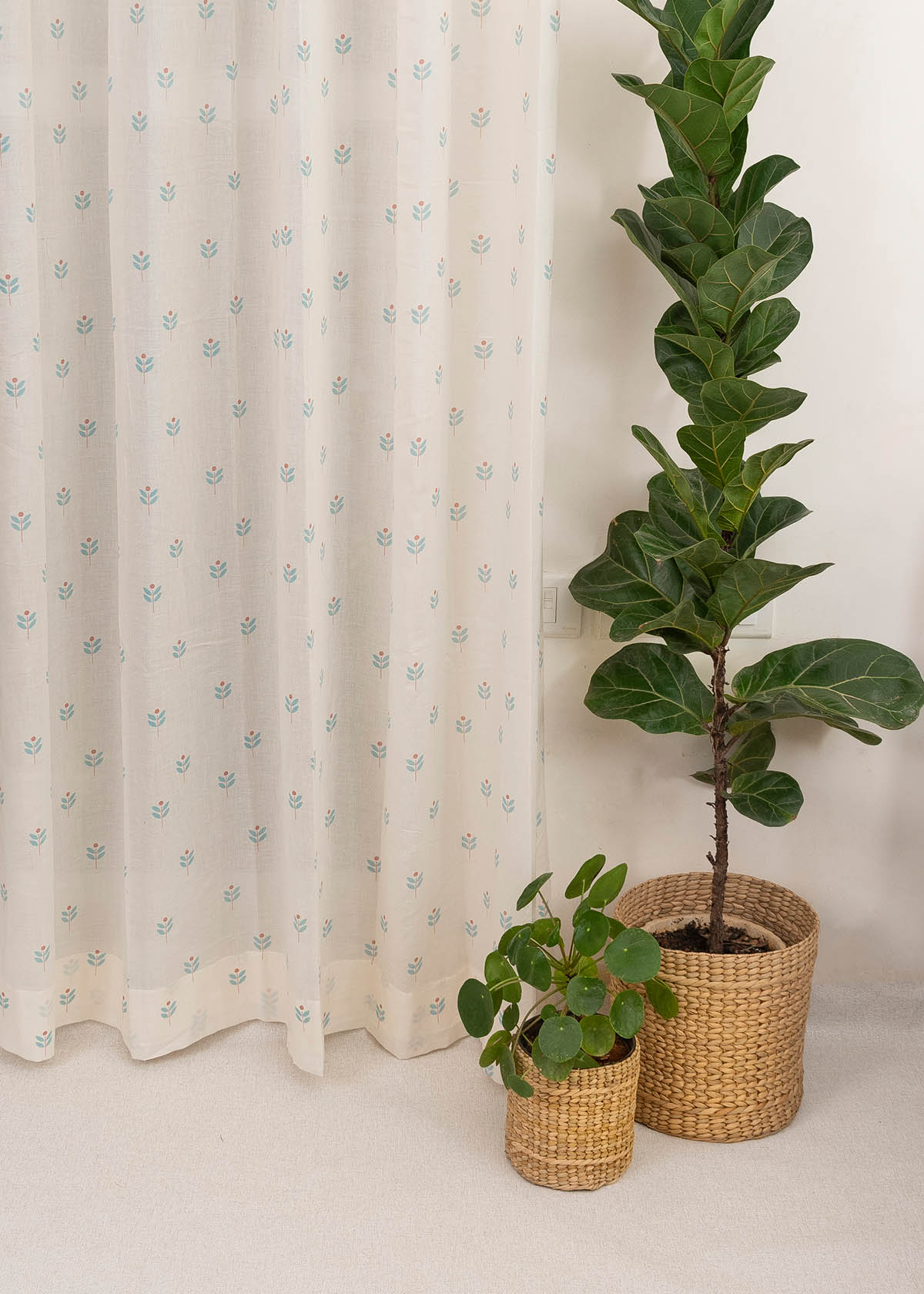 Sapling 100% Cotton Sheer floral curtain for Living room - Light filtering - Nile Blue - Single Piece