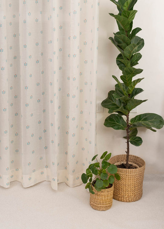 Sapling 100% Cotton Sheer floral curtain for Living room - Light filtering - Nile Blue - Single Piece