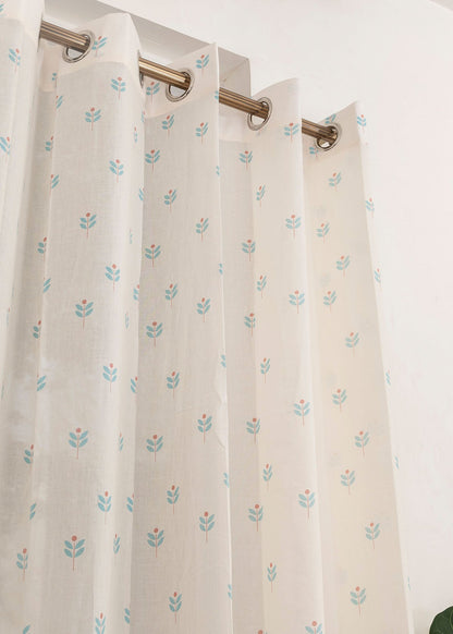 Sapling 100% Cotton Sheer floral curtain for Living room - Light filtering - Nile Blue - Single Piece