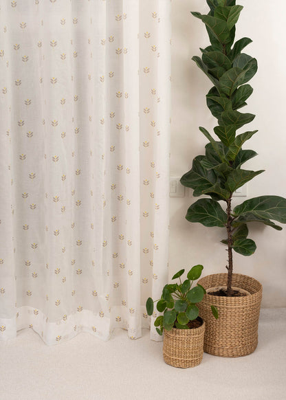 Sapling 100% Cotton Sheer floral curtain for Living room - Light filtering - Yellow - Single Piece
