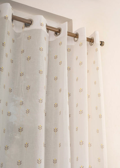 Sapling 100% Cotton Sheer floral curtain for Living room - Light filtering - Yellow - Single Piece