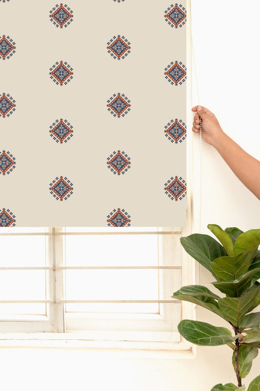 Sapphire 100% Cotton Sheer Ethnic Printed Customizable blind for livingroom & Bedrooms-Light Filtering-Indigo & Red