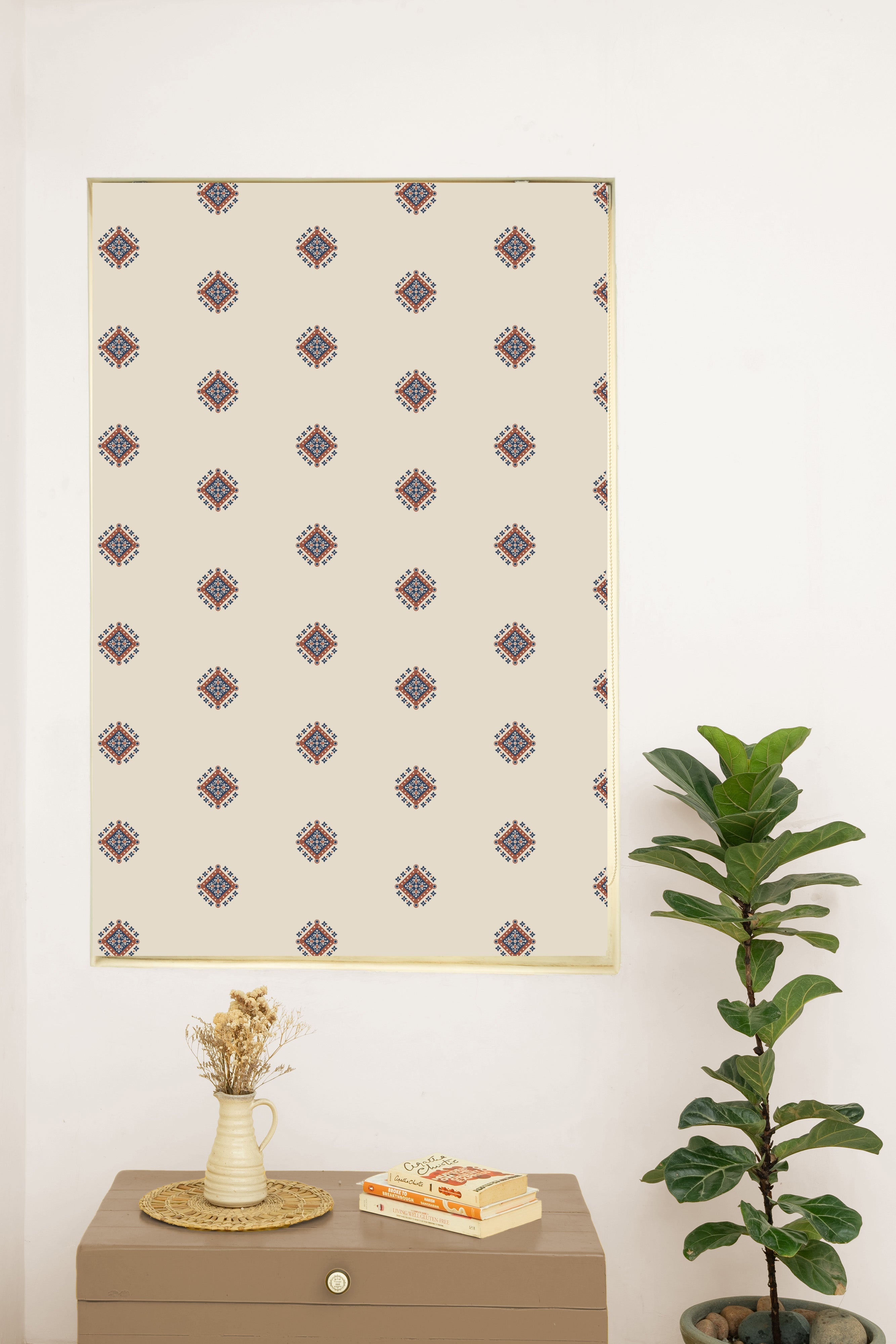 Sapphire 100% Cotton Sheer Ethnic Printed Customizable blind for livingroom & Bedrooms-Light Filtering-Indigo & Red