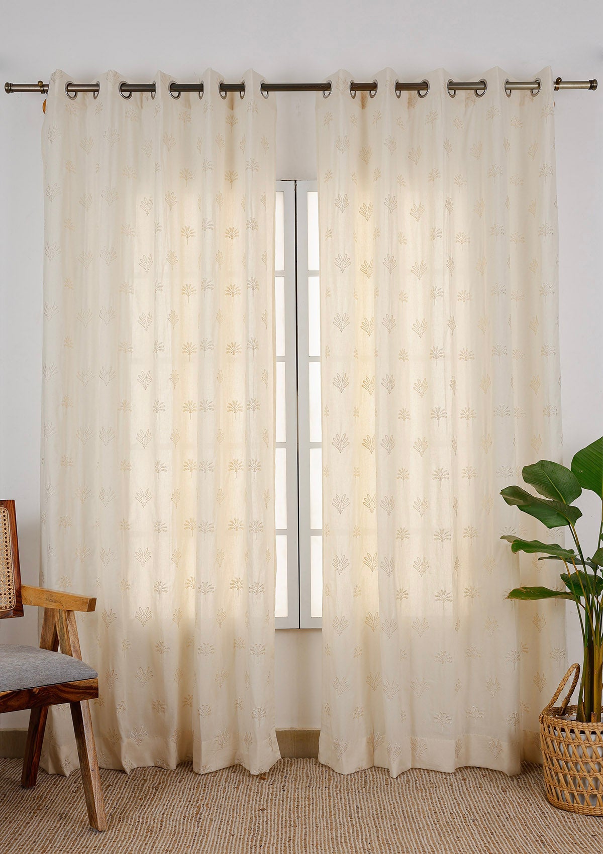 Silva Beige Embroidered 100% Cotton Sheer Curtain For Living Room | Light Reduction | Single Piece