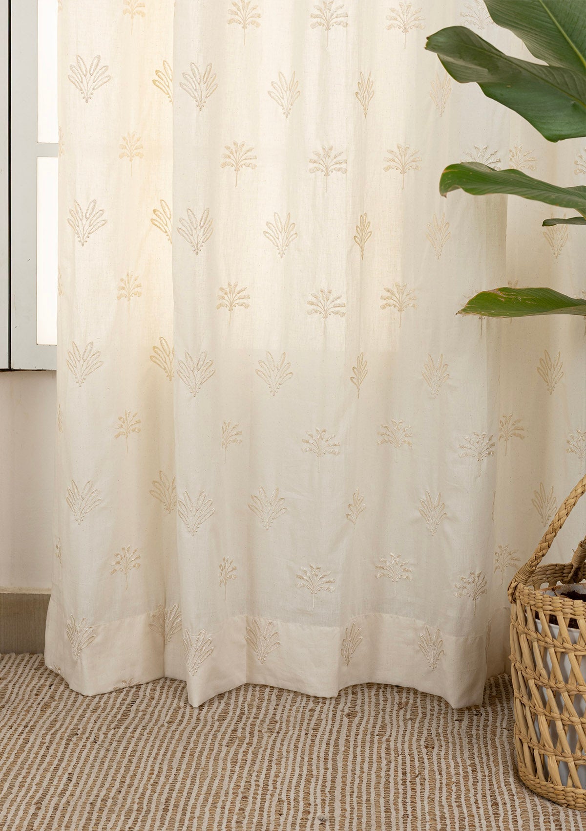 Silva Beige Embroidered 100% Cotton Sheer Curtain For Living Room | Light Reduction | Single Piece