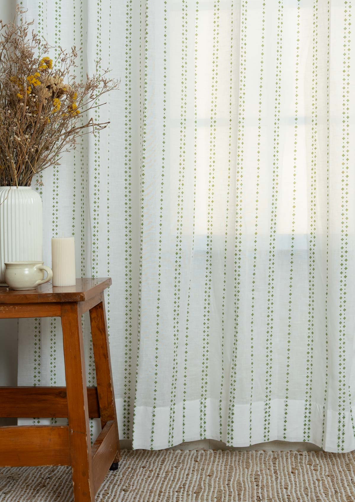 Sitara geometric 100% cotton sheer curtain for living room - Light filtering - Green - Single Piece