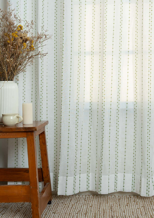 Sitara geometric 100% cotton sheer curtain for living room - Light filtering - Green - Single Piece
