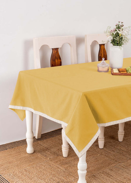 Solid Mustard 100% cotton plain table cloth for 4 seater or 6 seater dining with lace border