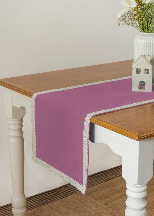 Solid Grape 100% cotton plain table runner for 4 seater or 6 seater dining with lace border - grape