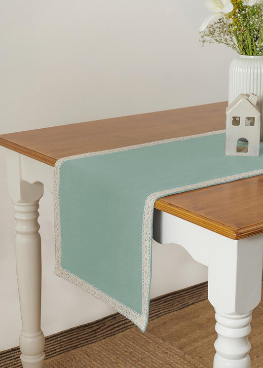 Solid Nile Blue 100% cotton plain table runner for 4 seater or 6 seater dining with lace border - Nile blue