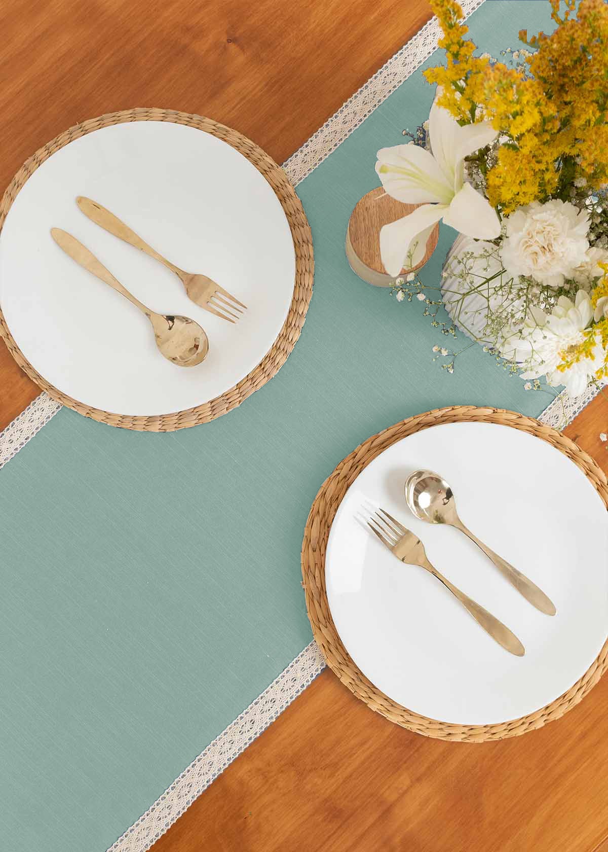 Solid Nile Blue 100% cotton plain table runner for 4 seater or 6 seater dining with lace border - Nile blue