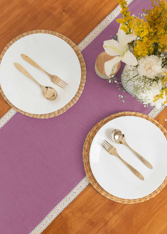 Solid Grape 100% cotton plain table runner for 4 seater or 6 seater dining with lace border - grape