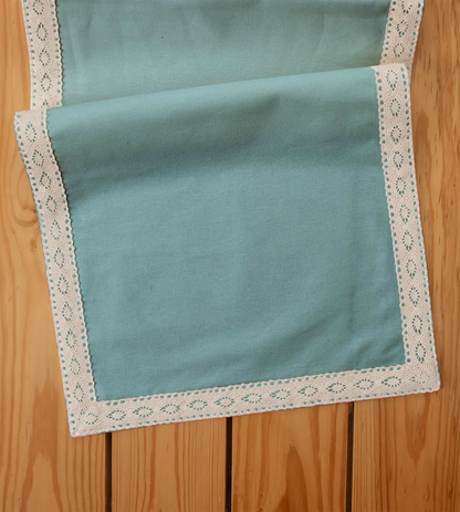 Solid aqua blue 100% cotton plain table runner for 4 seater or 6 seater dining  with lace border