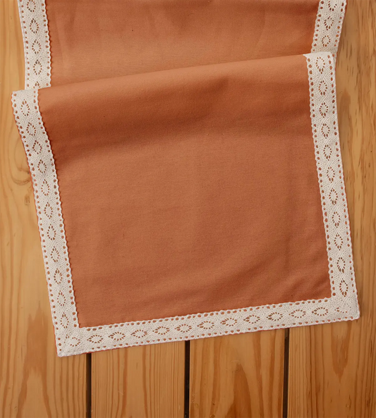 Solid orange 100% cotton plain table runner for 4 seater or 6 seater dining  with lace border
