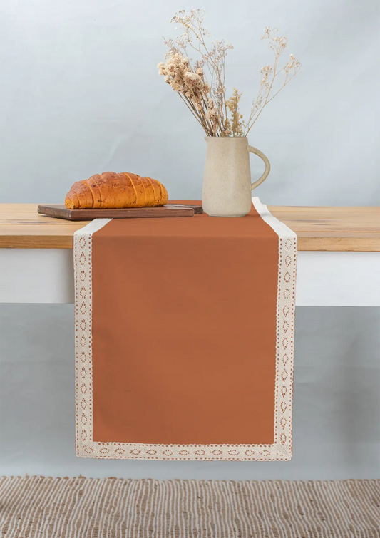 Solid orange 100% cotton plain table runner for 4 seater or 6 seater dining  with lace border