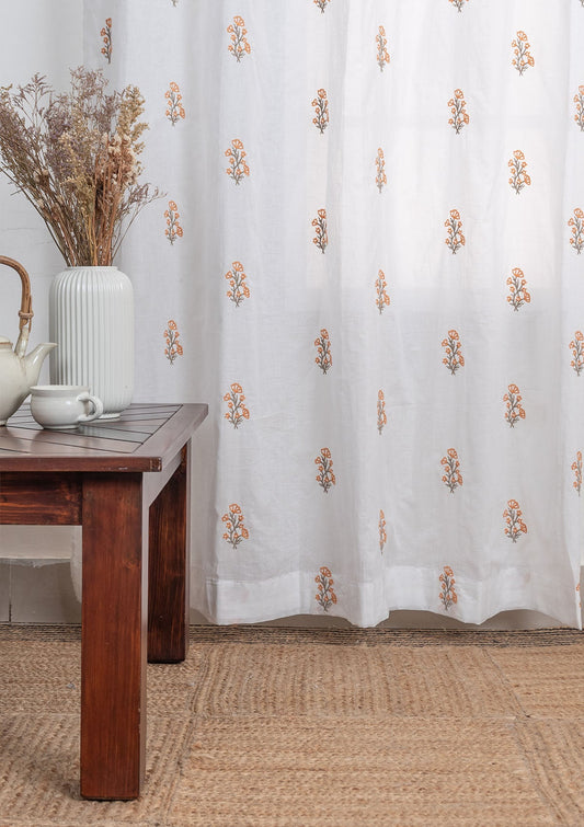 Spring 100% cotton embroidered floral sheer curtain for living room - Light filtering - Orange - Single - Single Piece