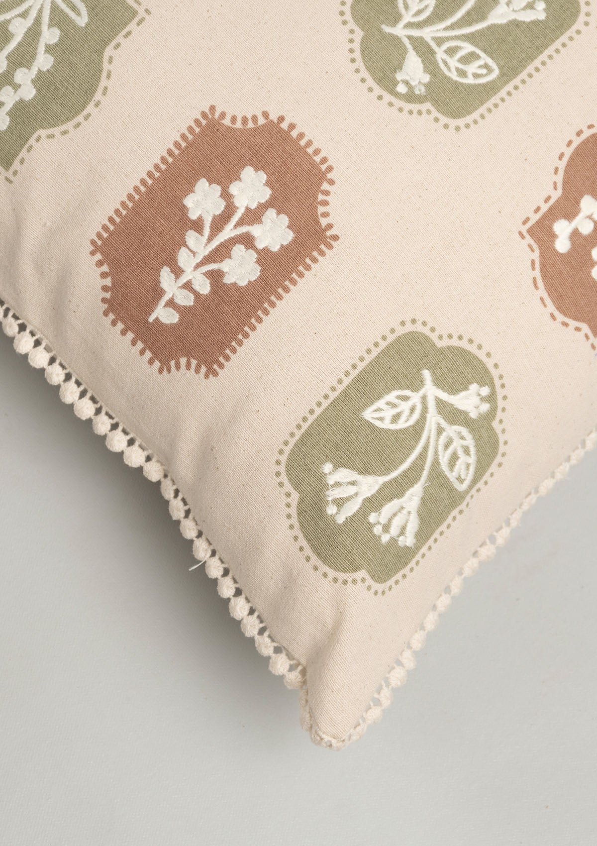 Stamps Embroidered Floral Motif 100% Cotton Cushion Cover for Sofa - Green and Rust