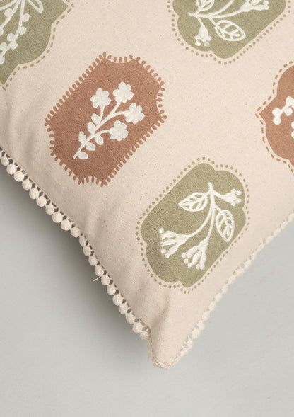 Stamps Embroidered Floral Motif 100% Cotton Cushion Cover for Sofa - Green and Rust