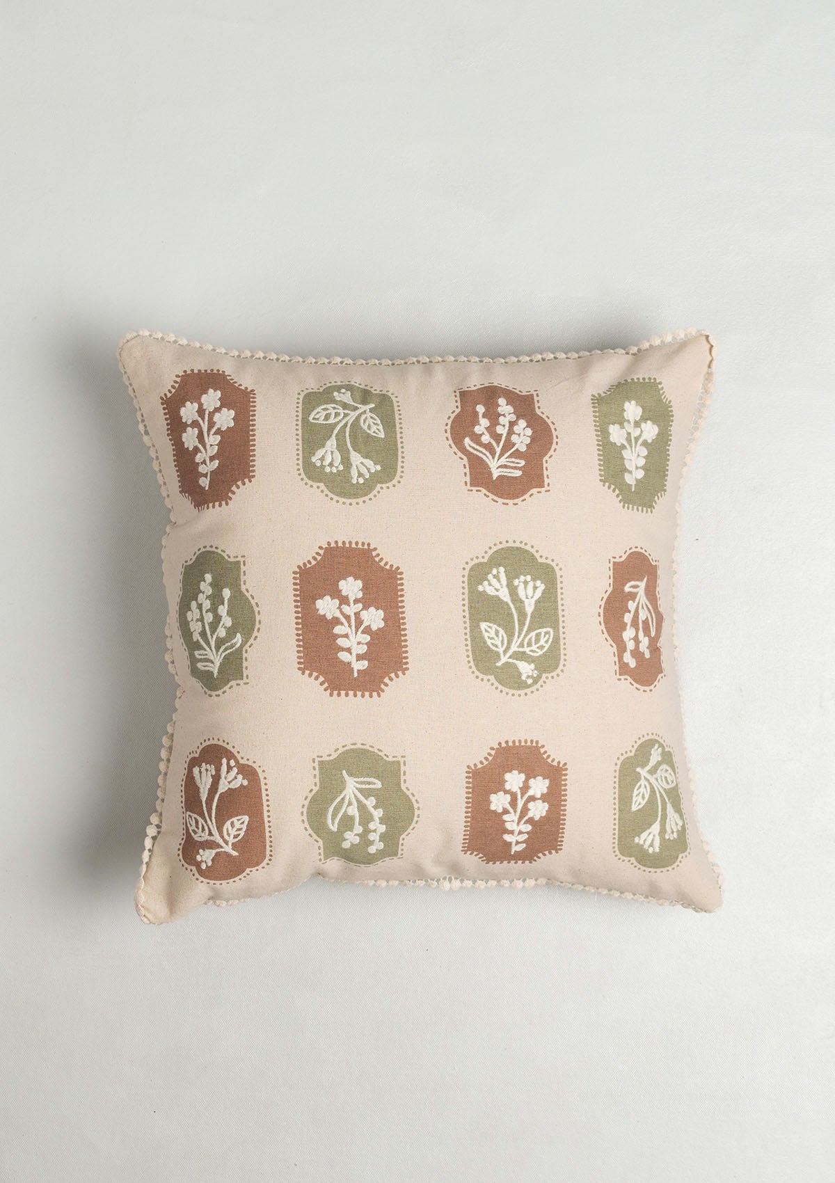 Stamps Embroidered Floral Motif 100% Cotton Cushion Cover for Sofa - Green and Rust
