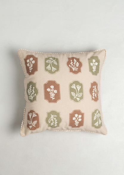 Stamps Embroidered Floral Motif 100% Cotton Cushion Cover for Sofa - Green and Rust