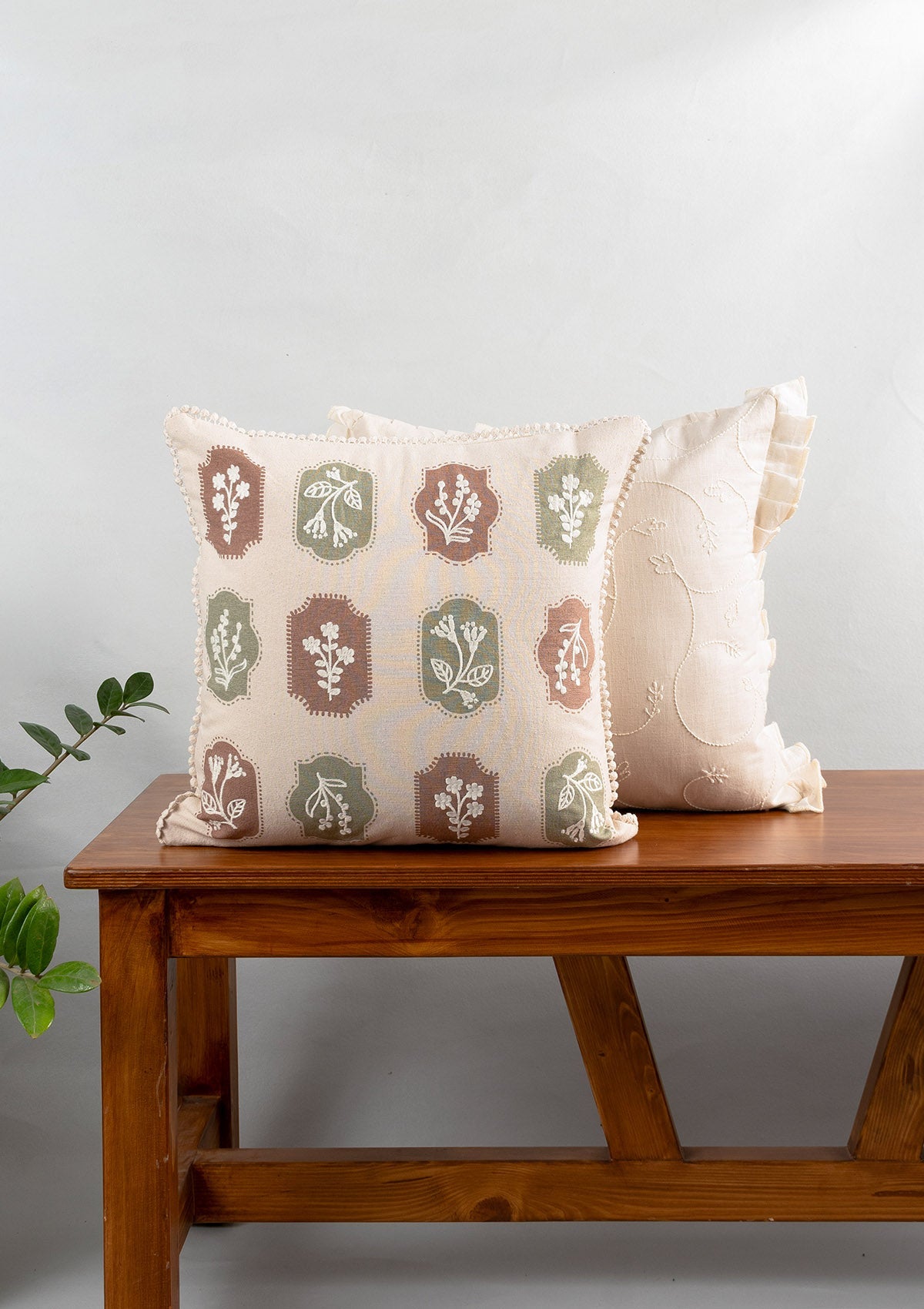 Stamps Embroidered Floral Motif 100% Cotton Cushion Cover for Sofa - Green and Rust