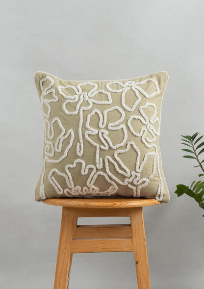Stella Embroidered Flower Pattern 100% Cotton Cushion Cover for Sofa - Herb Green