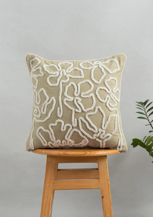 Stella Embroidered Flower Pattern 100% Cotton Cushion Cover for Sofa - Herb Green