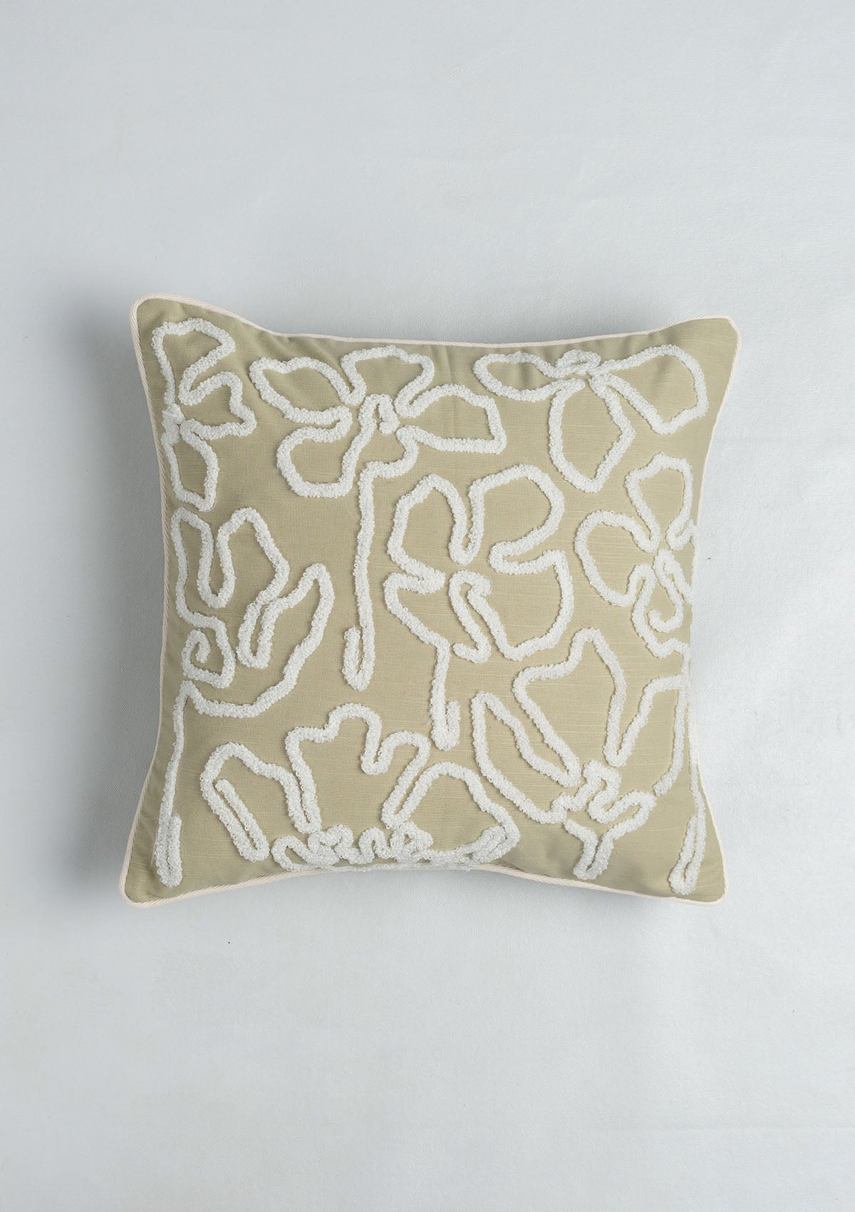 Stella Embroidered Flower Pattern 100% Cotton Cushion Cover for Sofa - Herb Green