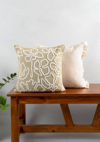 Stella Embroidered Flower Pattern 100% Cotton Cushion Cover for Sofa - Herb Green