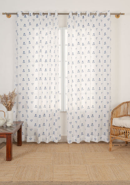 Sunbird 100% cotton floral sheer curtain for living room - Light filtering - Indigo - Single - Single Piece