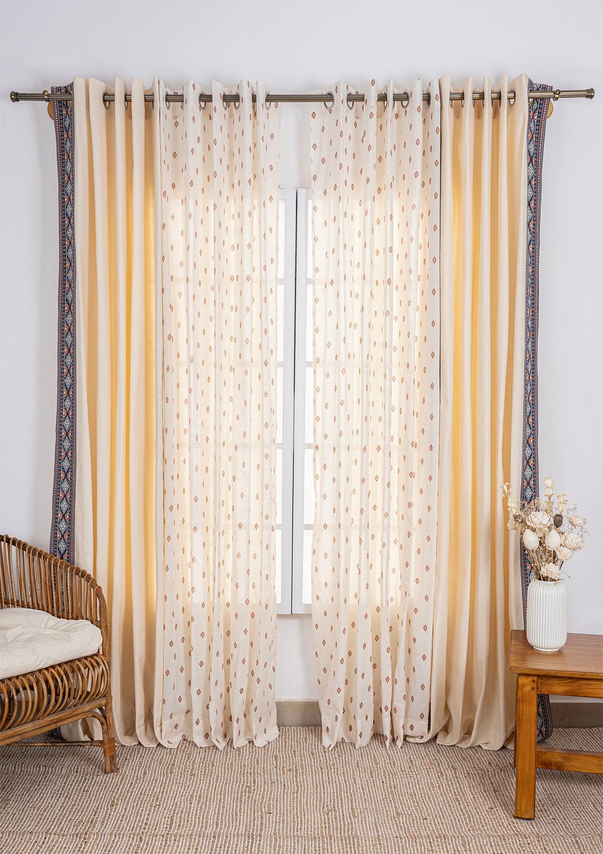 Tara Cream Light Reduction Curtain & Noor Minimal Sheer - 100% Cotton for Living Room & Bedroom - Pack of 4