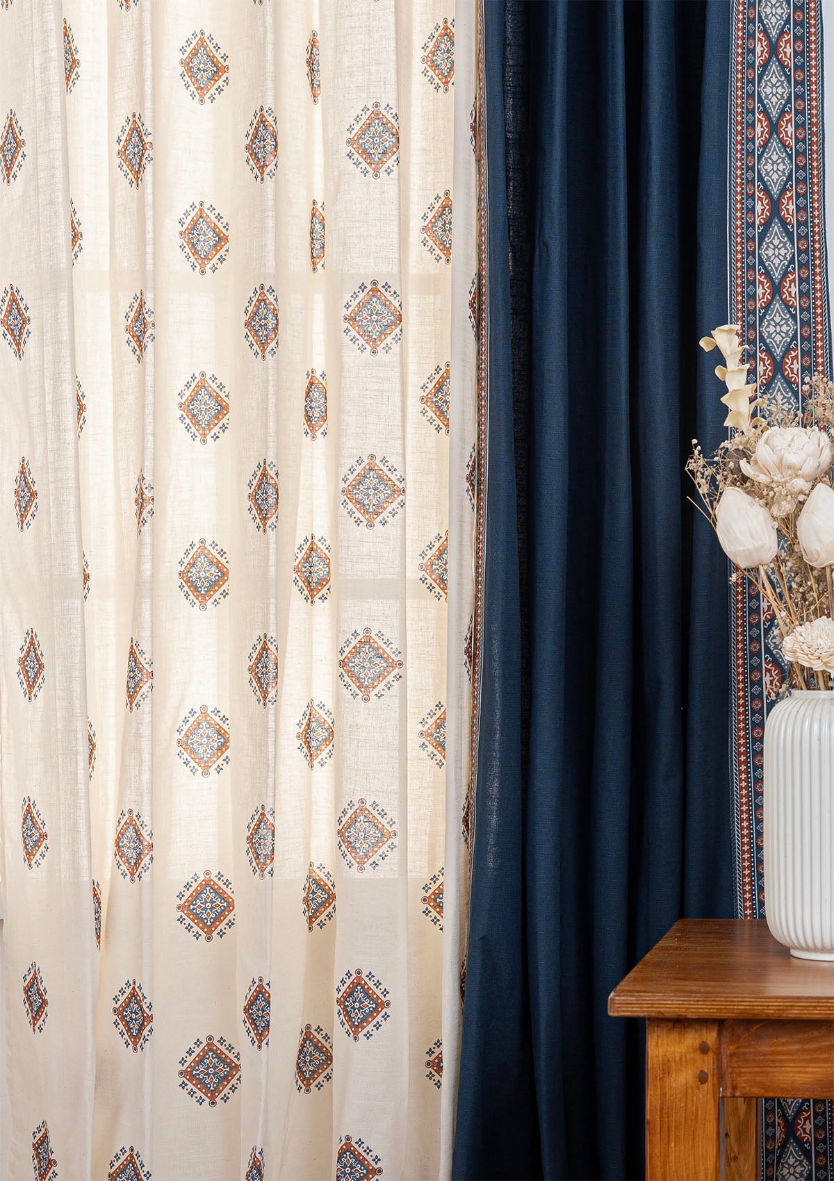 Tara Indigo Room Darkening Curtain & Sapphire Textured Sheer - 100% Cotton for Living Room & Bedroom - Pack of 4