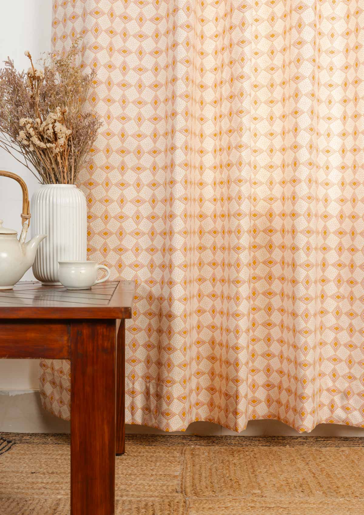 Terrazo 100% cotton geometric curtain for living room - Light Reduction - Mustard - Single - Single Piece