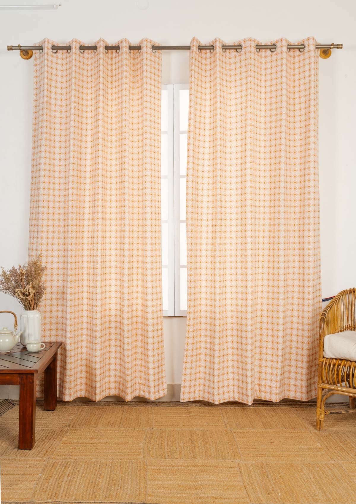 Terrazo 100% cotton geometric curtain for living room - Light Reduction - Mustard - Single - Single Piece